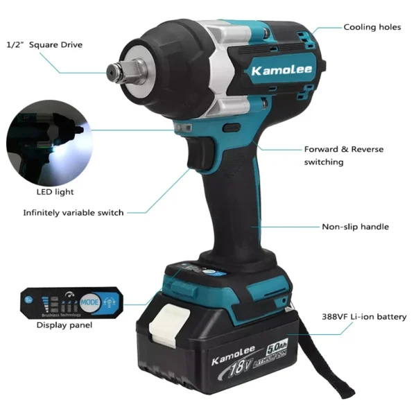 [Can Open Truck Tires] Kamolee Tool DTW700 1800N.m High Torque Electric Impact Wrench 1/2 Inch Compatible With Makita Battery - Image 3